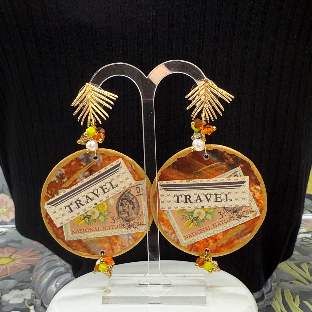 Adorned Crown Jewelry Assemblage Wood Disc Travel Fall Post Statement Earrings 28$